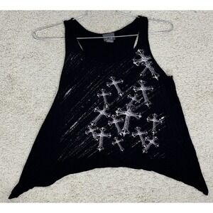 Y2K Dots Black Sharkbite Hem Sleeveless Top Goth Witchy Size L Crosses Metal VTG